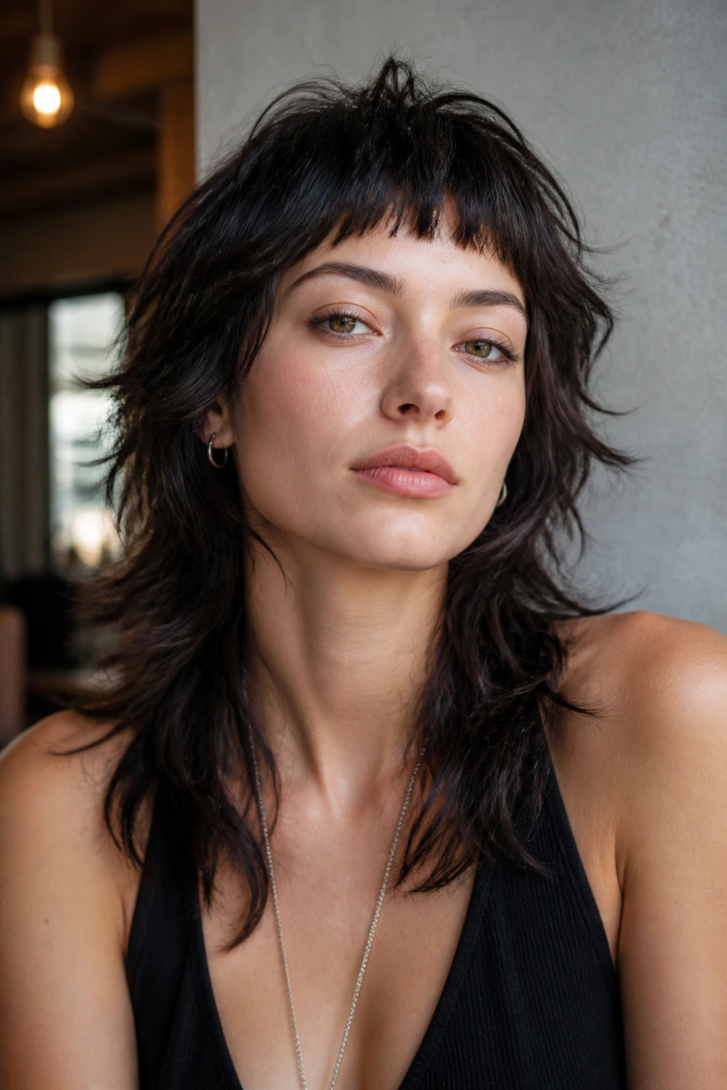 Close-up of real woman with mullet-lite and micro bangs in an urban interior