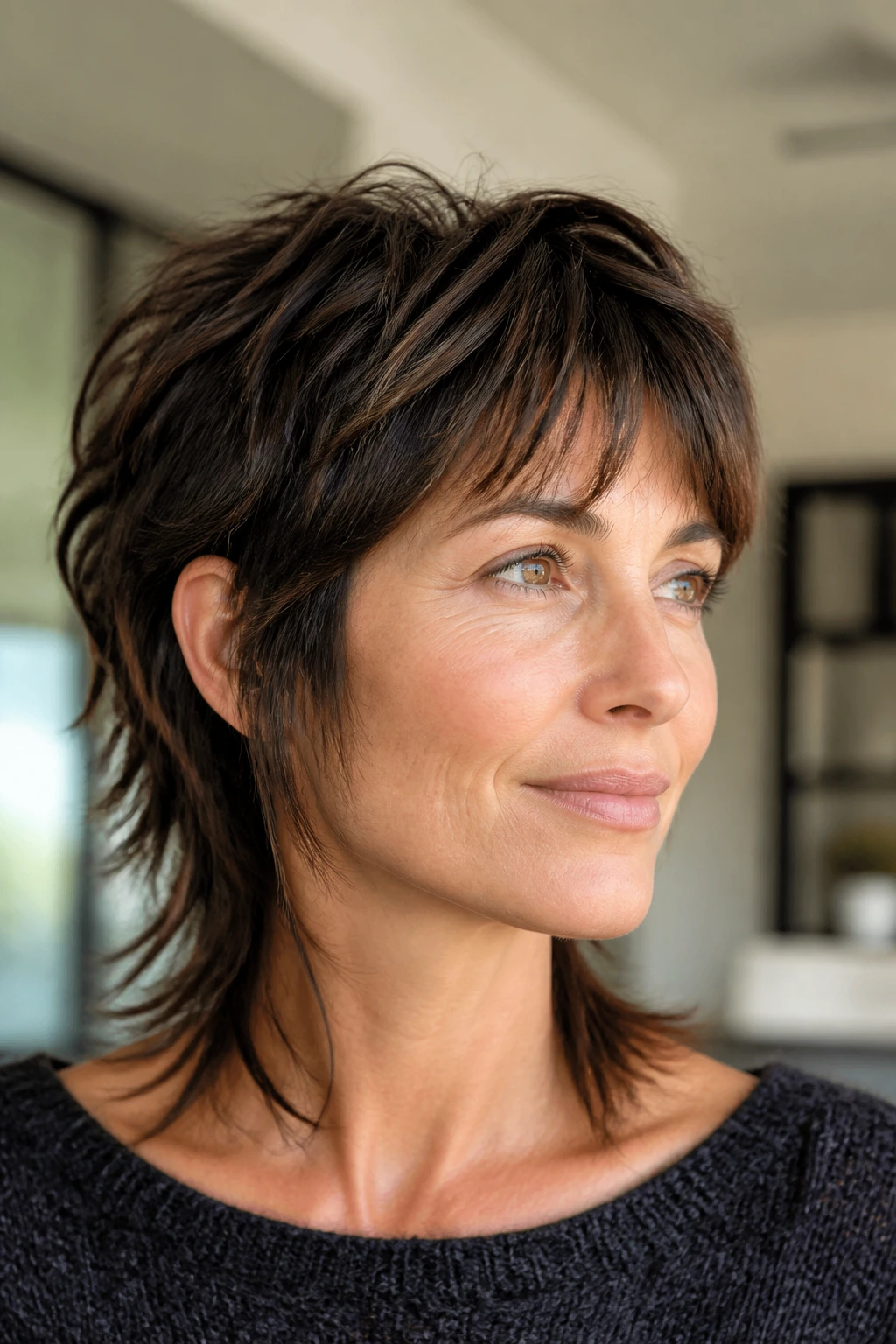 Close-up portrait of a real person with a mullet-lite hairstyle