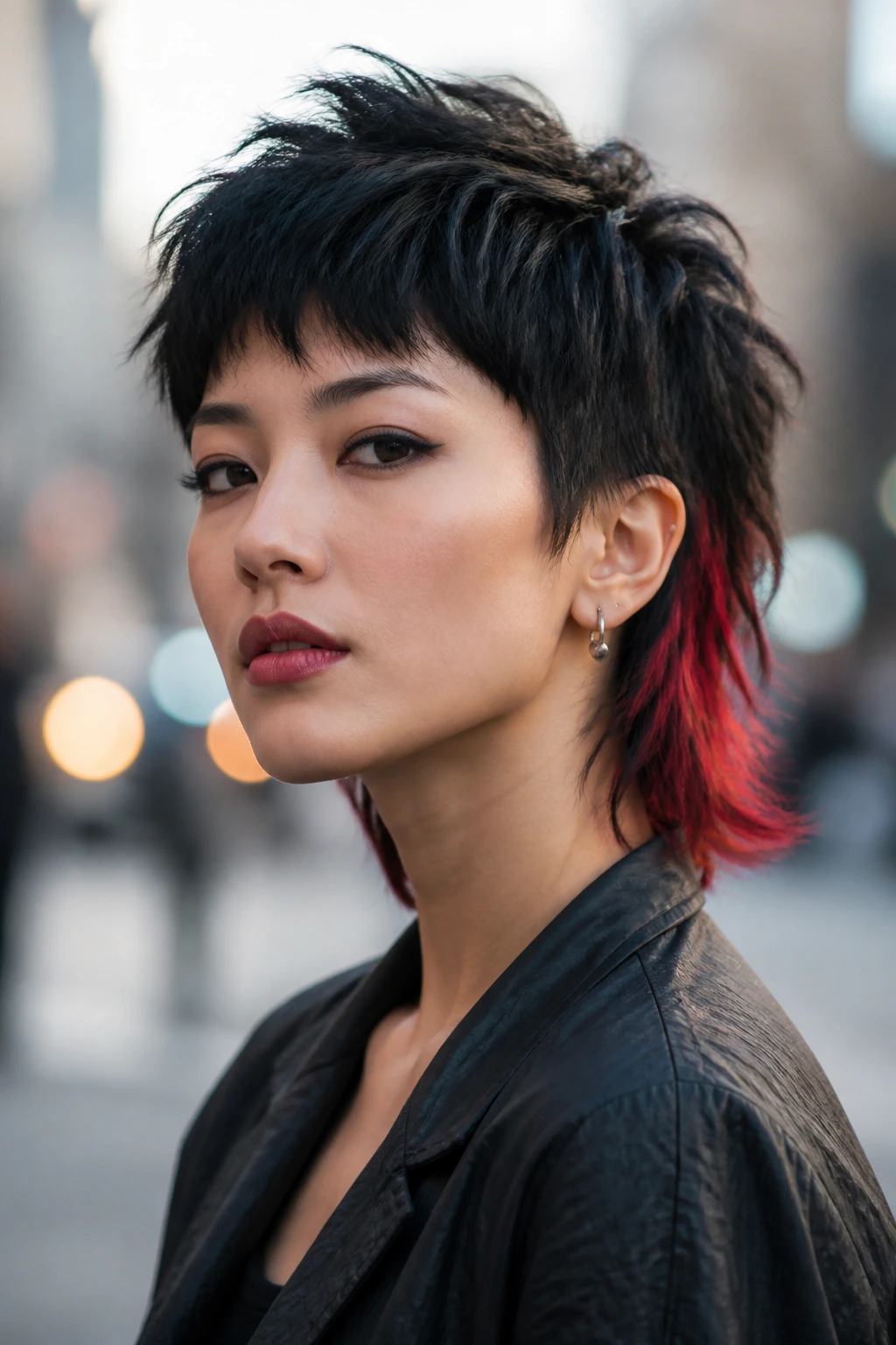 Close-up portrait of a real Asian woman with choppy mullet-pixie and bright tip accents