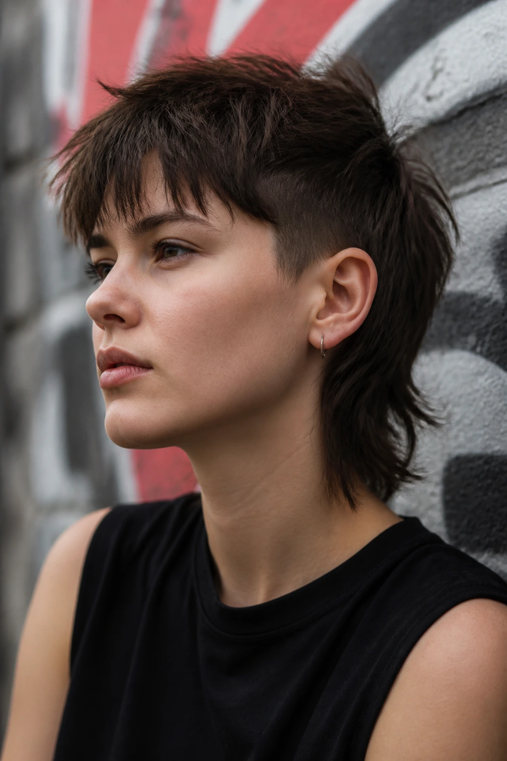 Close-up of a real person with a shaggy mullet-pixie hybrid hairstyle