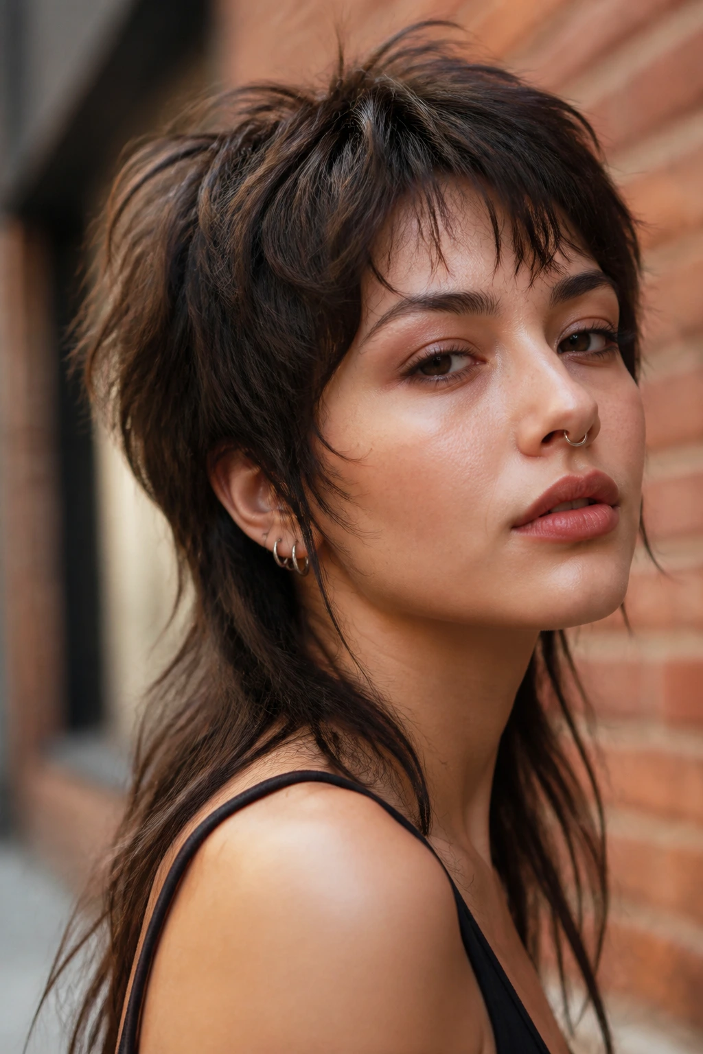 Close-up of a real woman with wispy layered modern mullet in an urban setting
