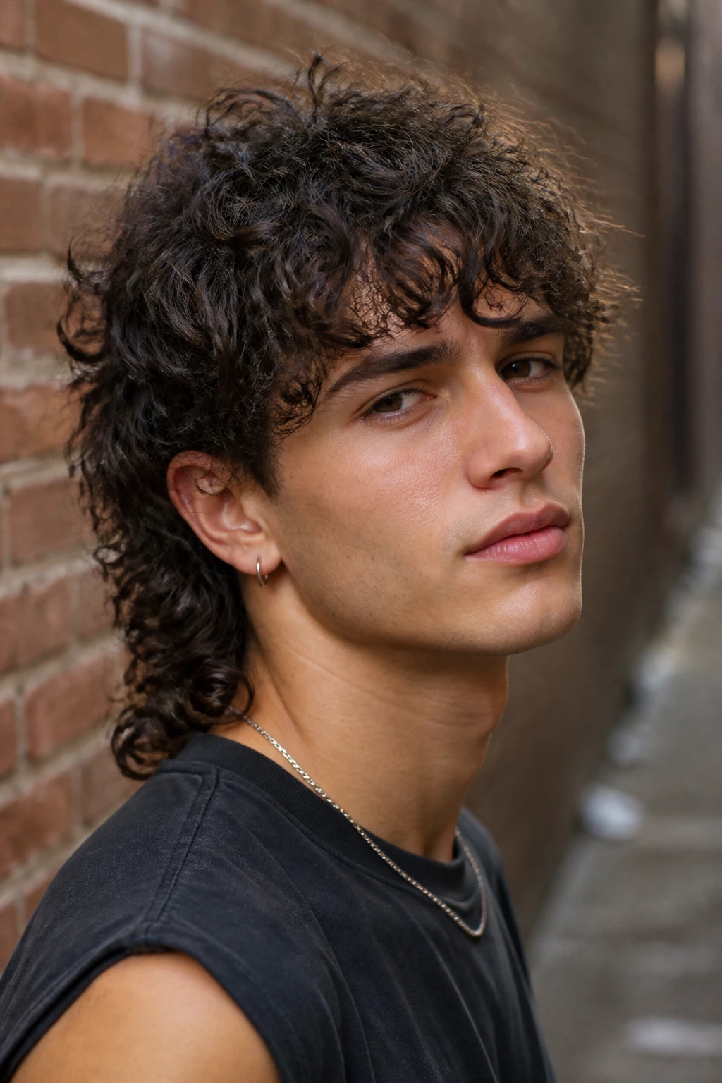 Close-up of a real person with a mullet-shag hybrid hairstyle in an urban setting.
