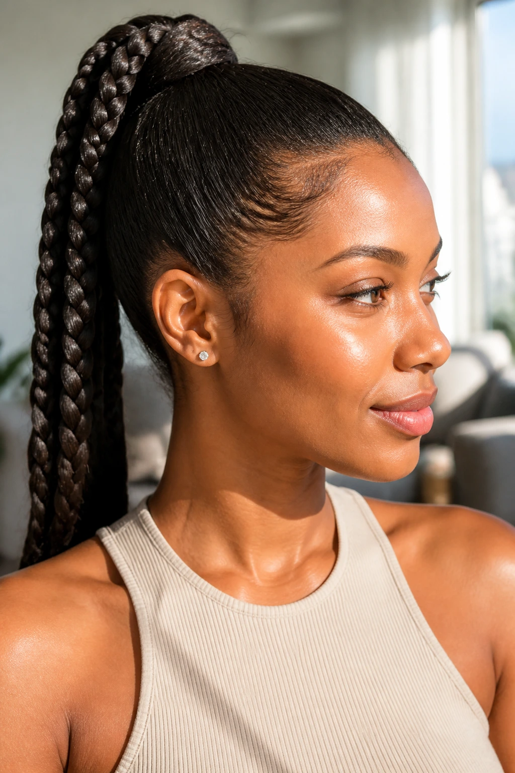 Close-up of a three-braid ponytail wrapped around the base.