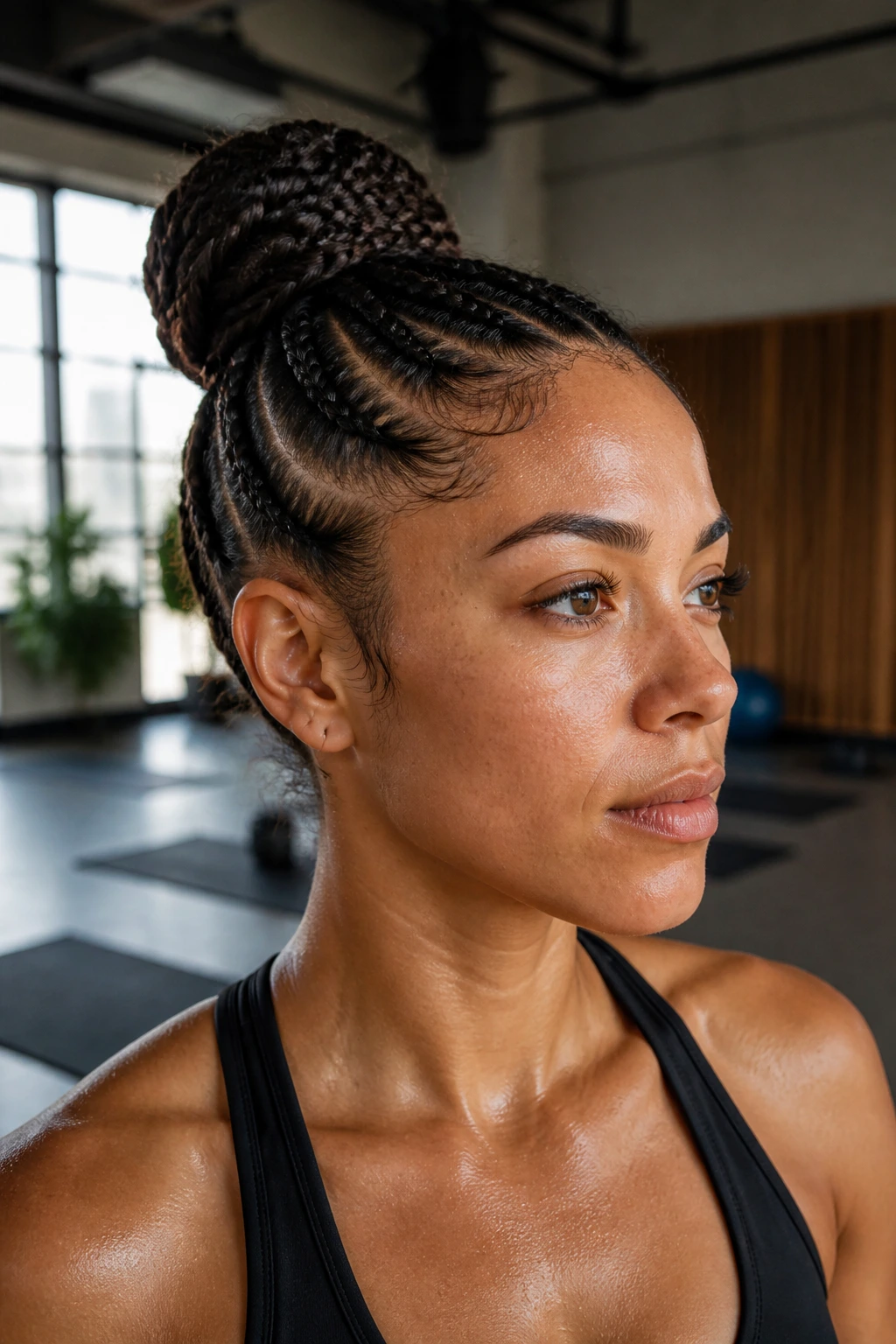 Real woman with multi-braid updo in gym setting