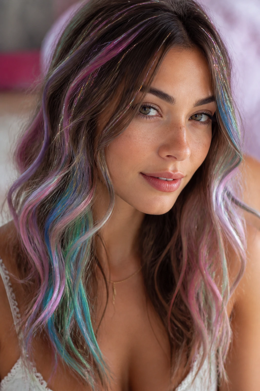 Close-up of multi-color unicorn fairy hair on a real woman