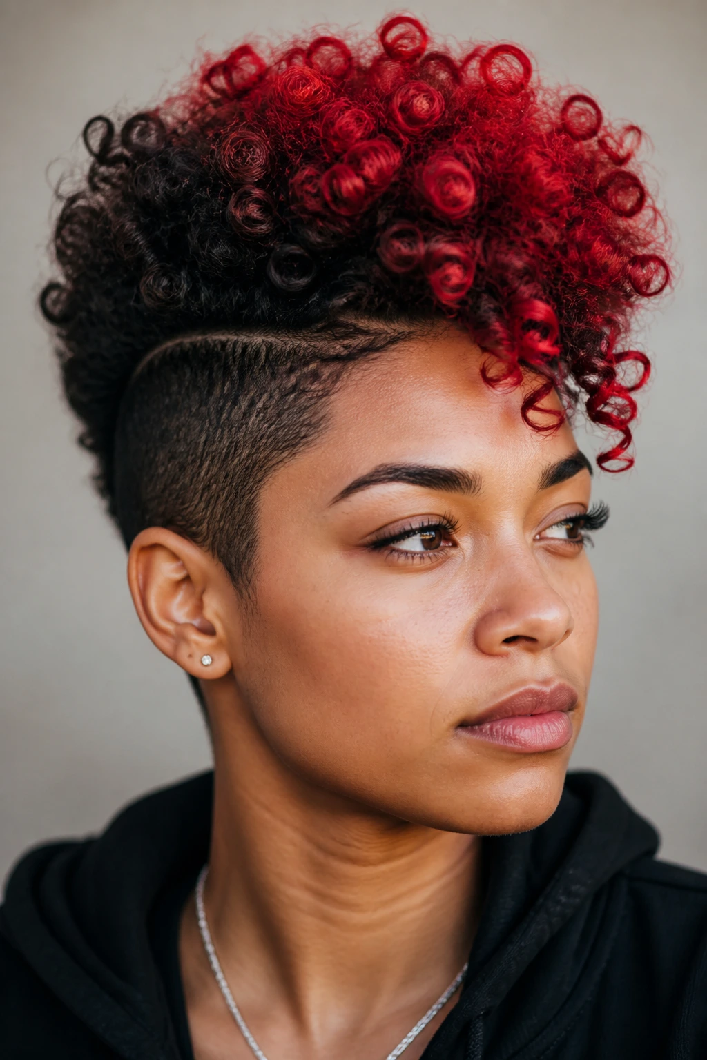 Portrait of real person with center-colored multi-colored hawk against neutral background.