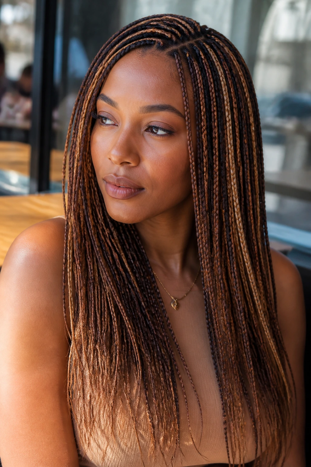 Close-up of multi-colored micro braids in brown bronze tones on a real person.