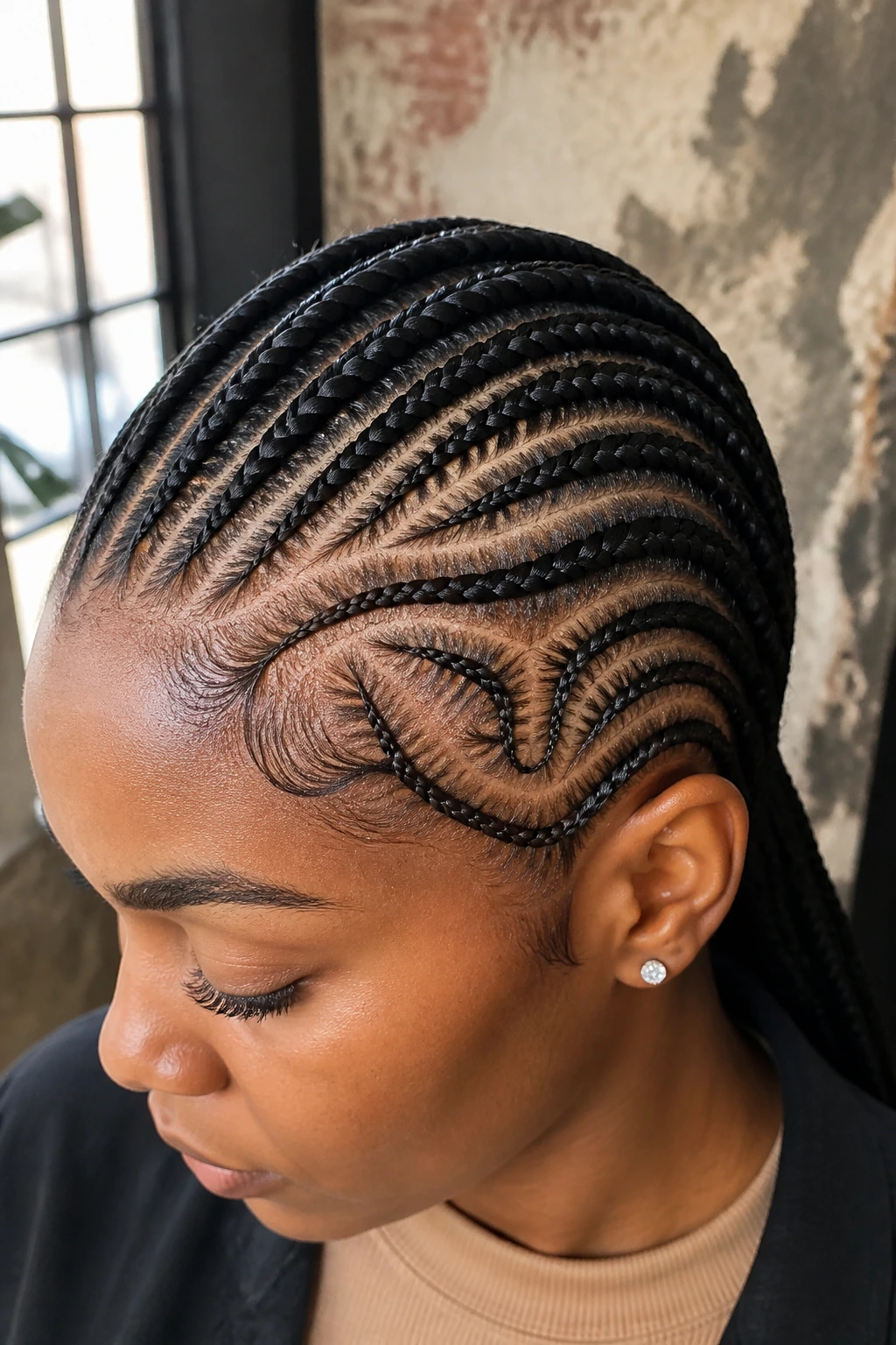Close-up of multi-directional cornrow patterns on a real person in a textured studio wall