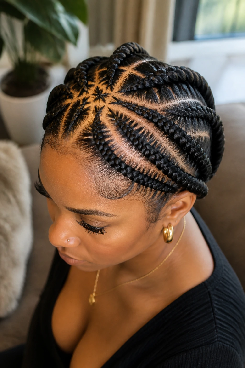 Close-up of Multi-Directional Invisible Braids on a real woman across the crown with crossing strands