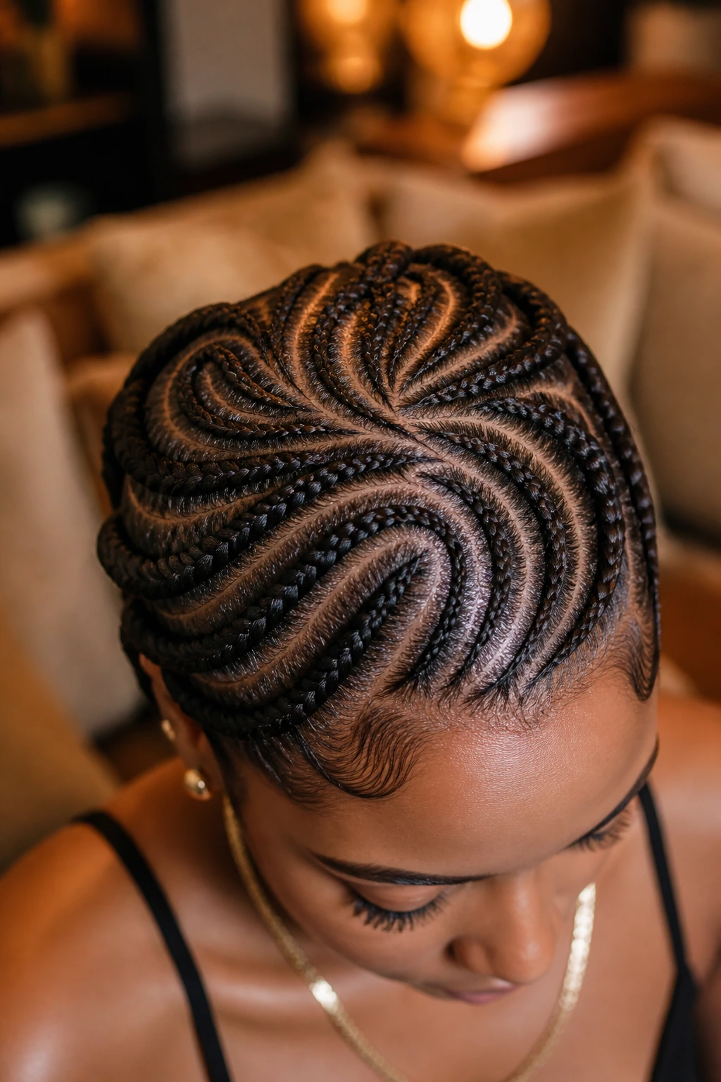 Crown close-up of a real woman with multi-directional swirl cornrows.