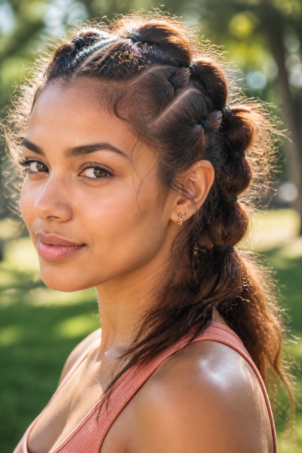 Close-up of a real woman with a multi-elastic braid showing segmented sections
