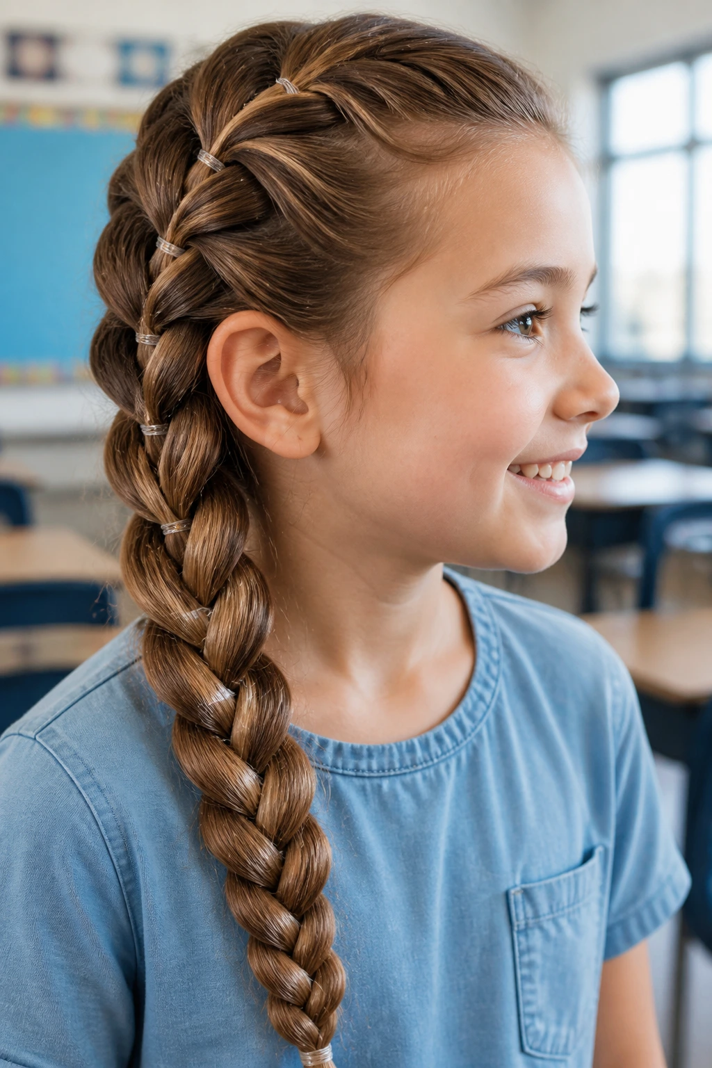 Close-up of a real person with a Dutch braid secured by multiple elastics