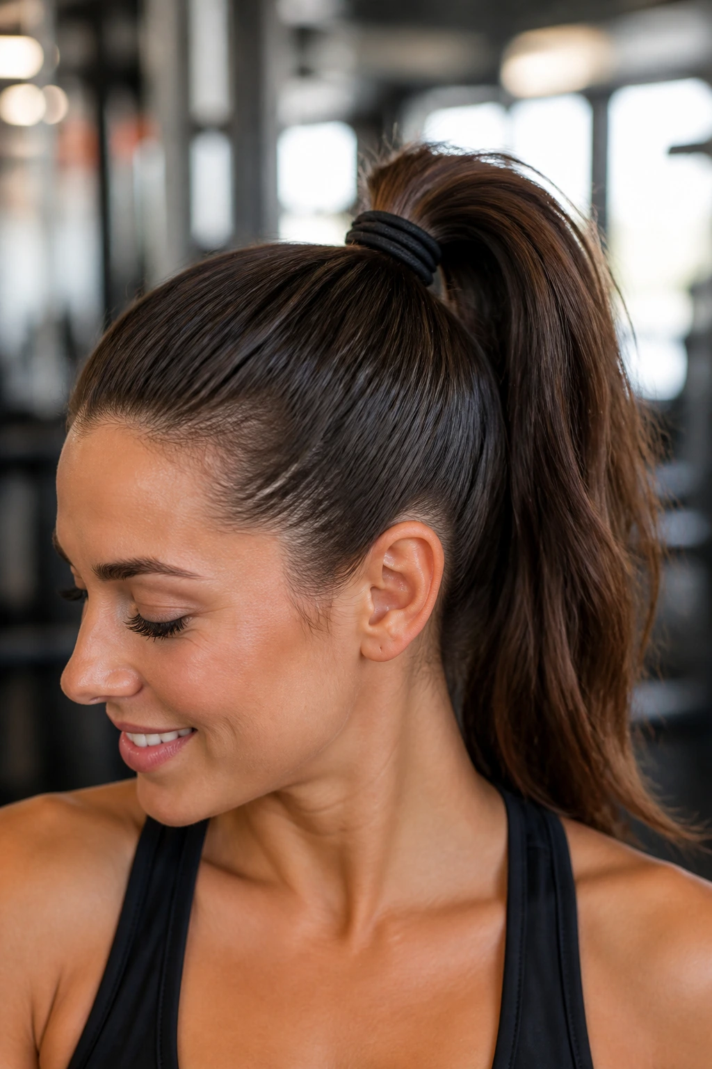 High ponytail with two elastics on a real person, gym setting.