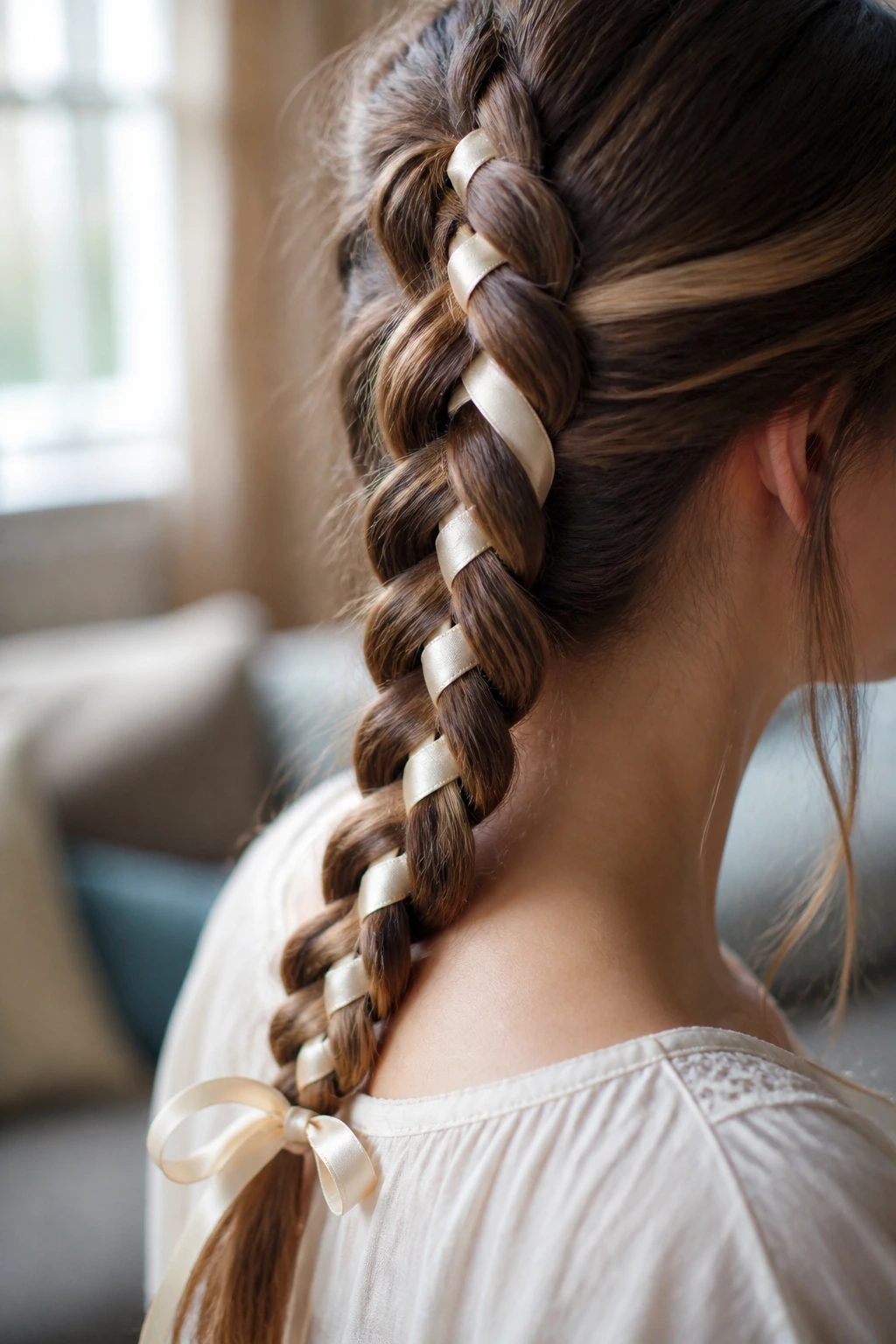 Back/side view of a real woman's head with a multi-strand braid threaded with a ribbon