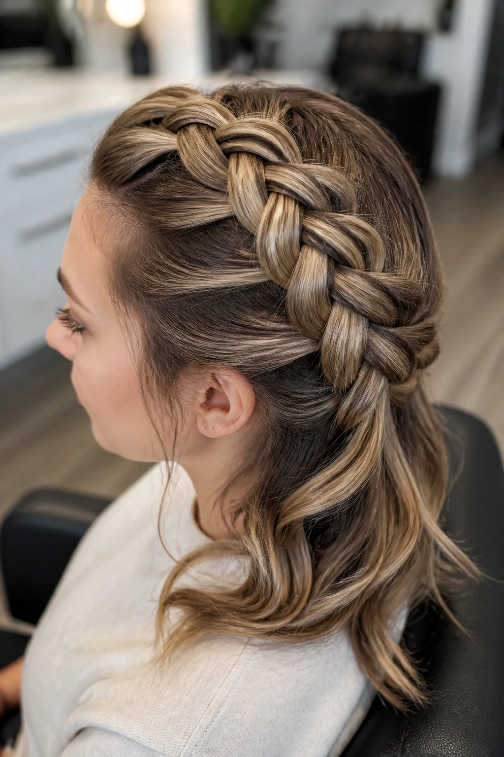 Close-up of a multi-strand Dutch braid across the scalp on a real person