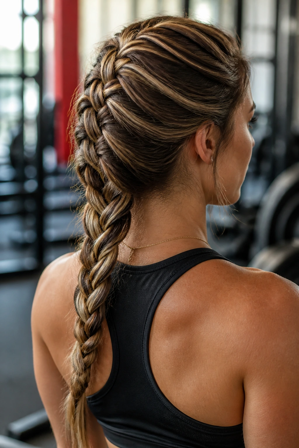 Real woman with a four-strand fishtail braid down the back of the head