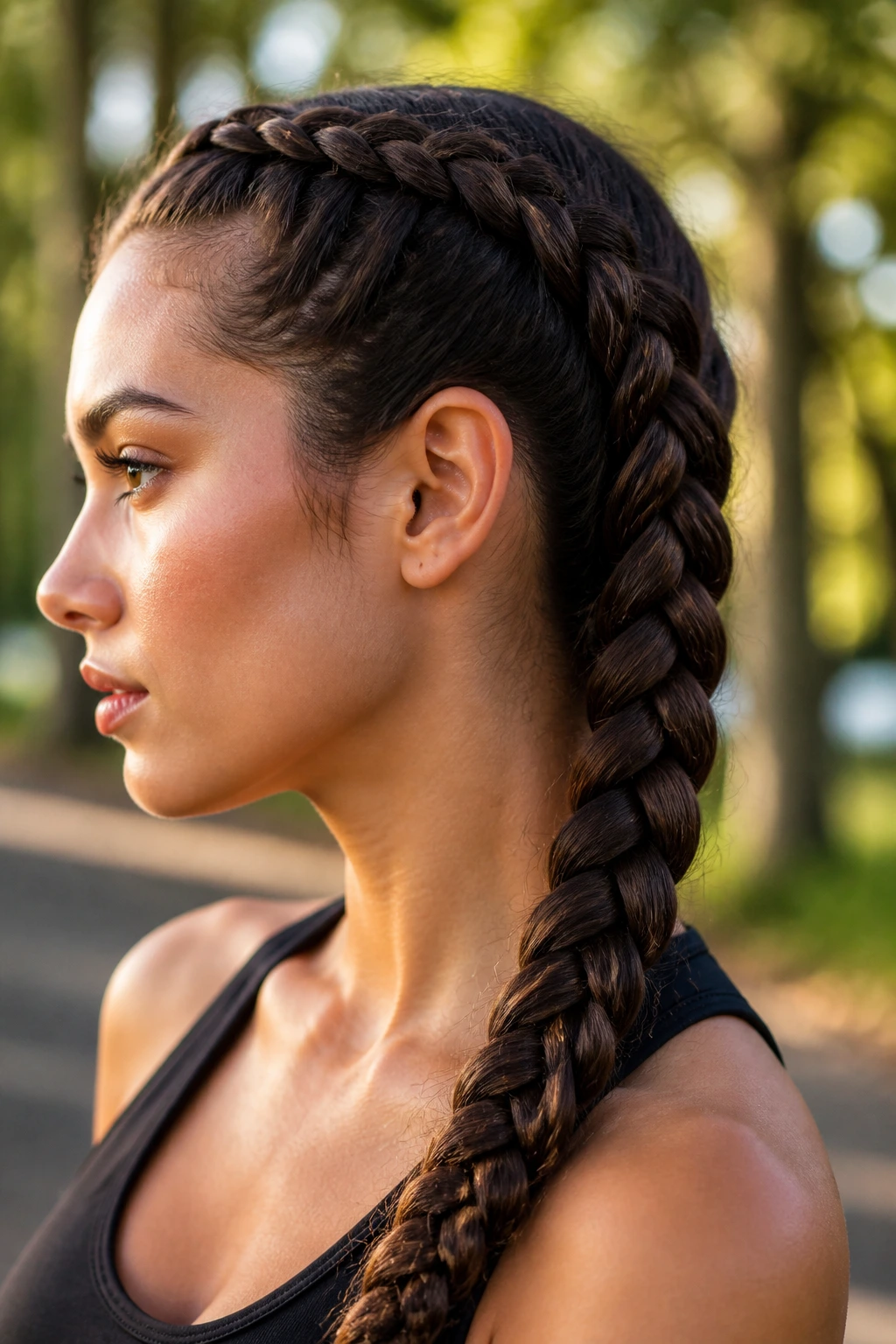 Close-up of a person with two tight braids woven into a thick interwoven braid outdoors