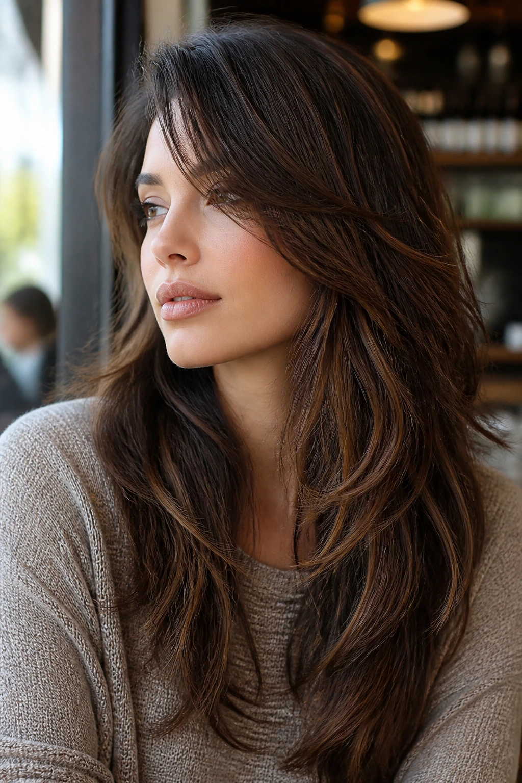 Close-up portrait of a real woman with multi-textured long layers and tapered side bangs