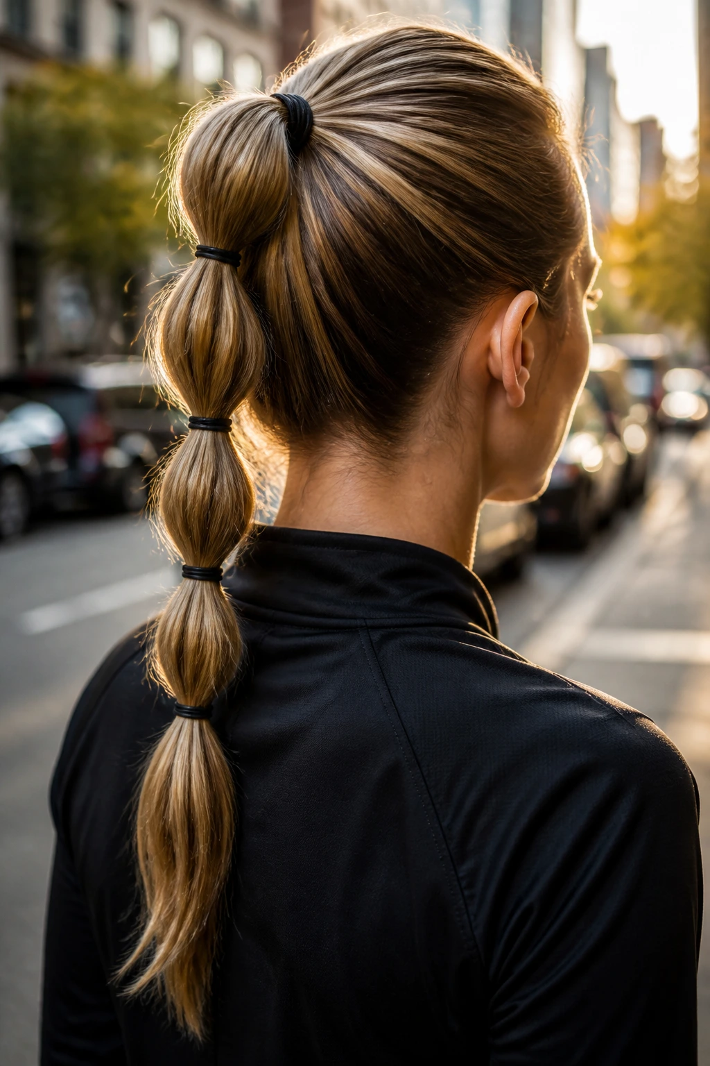 Back view of a real woman displaying a multi-tiered sectioned ponytail