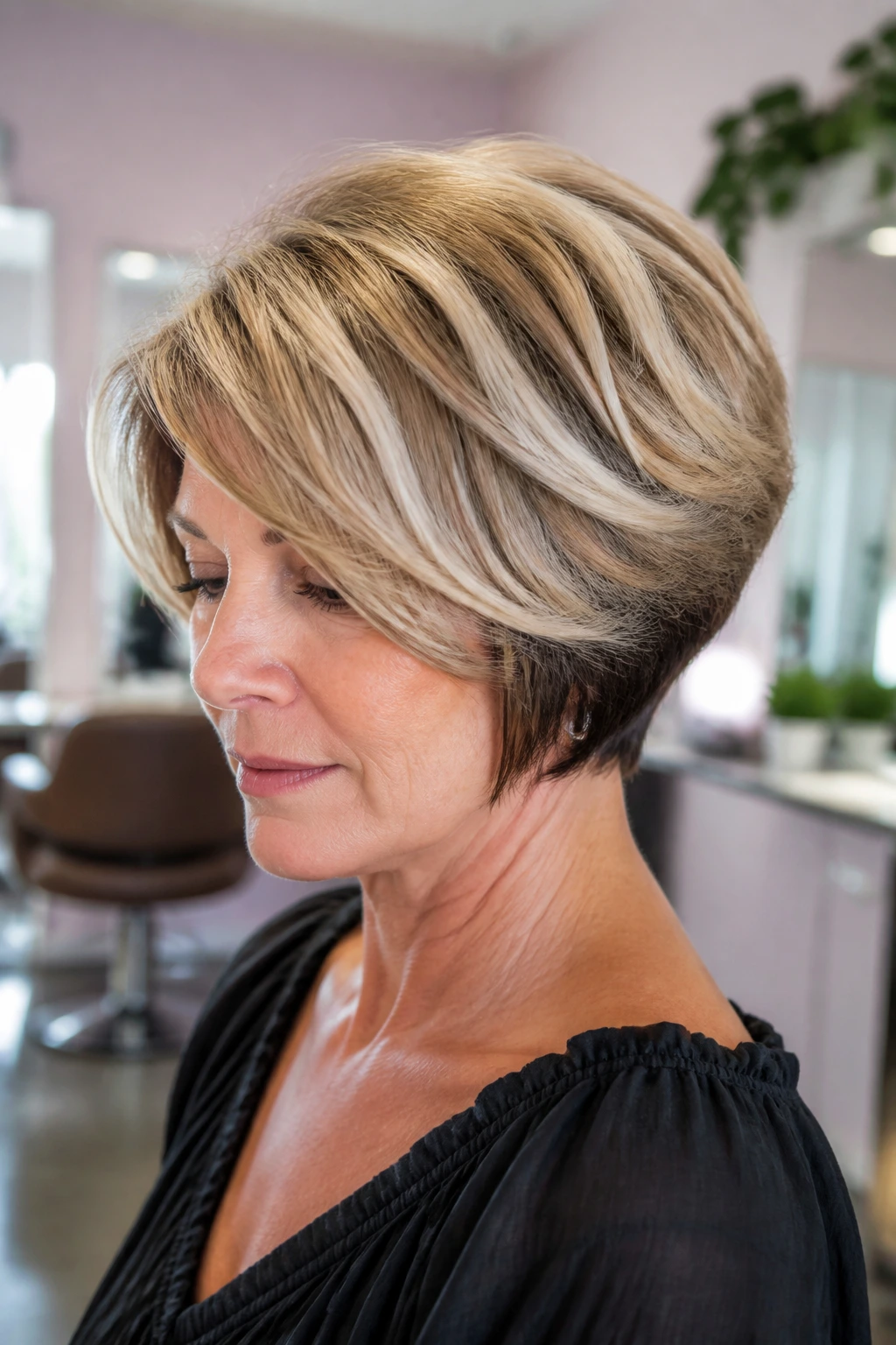 Portrait of real person with multi-toned wedge hairstyle in a salon