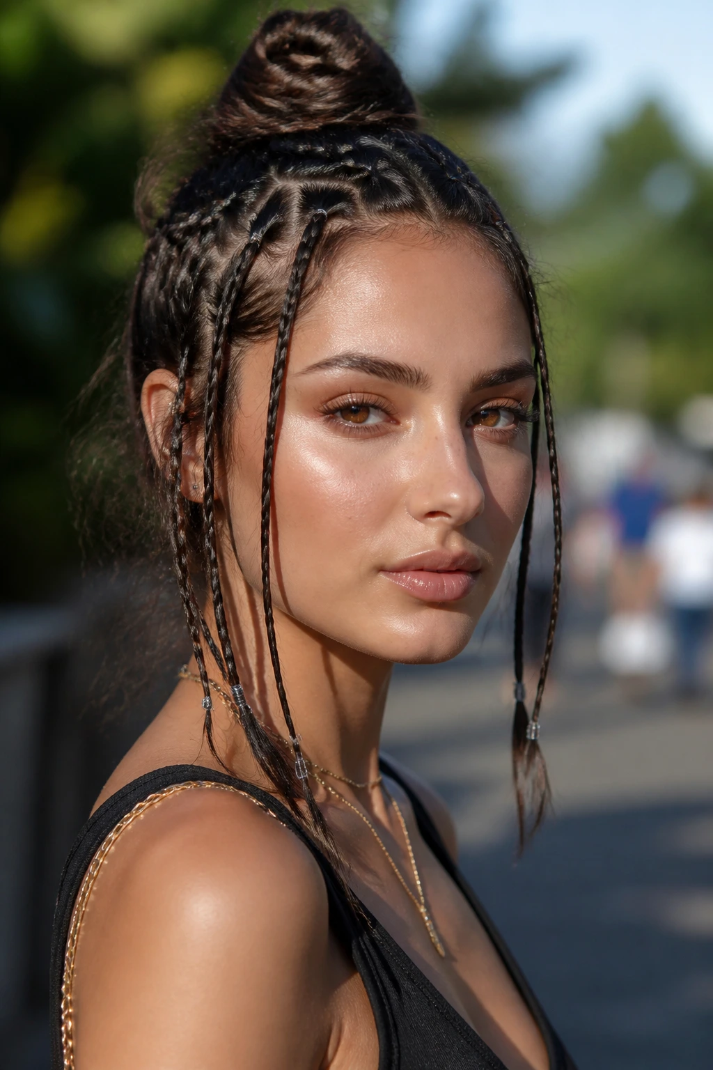 Close-up of a woman with multiple tiny braids around the head.