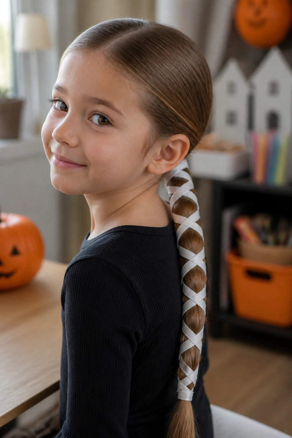 Close-up of real child with mummy wrap ponytail wrapped in white ribbon
