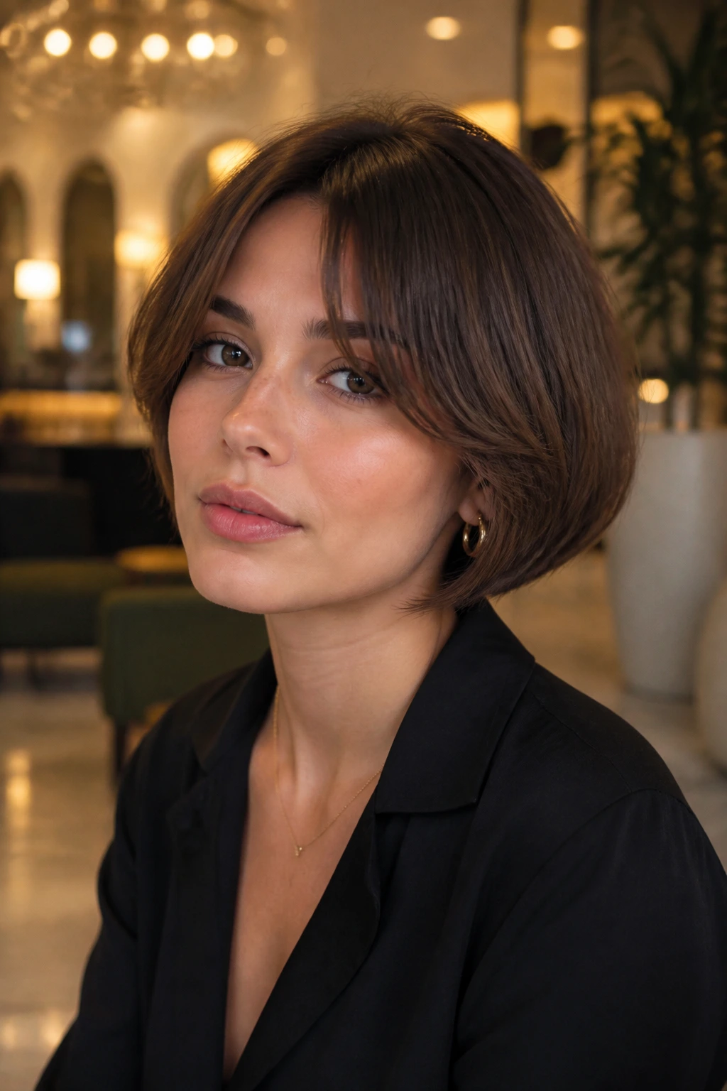 Close-up of a woman with a rounded mushroom bob and curtain bangs