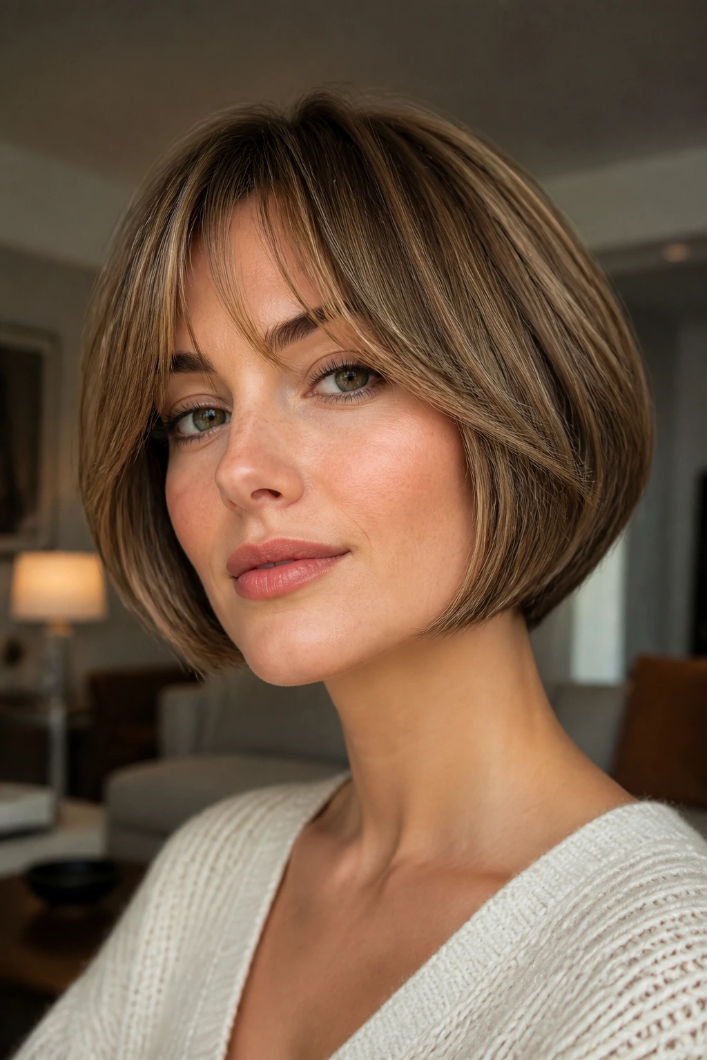 Close-up portrait of a real person with rounded mushroom bob and curtain bangs