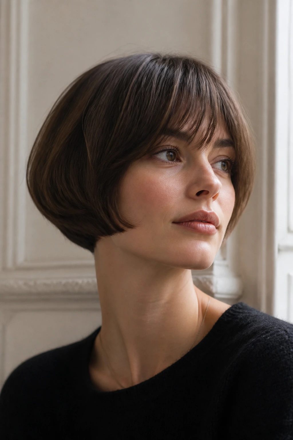 Close-up of rounded mushroom bob on real person with soft diffused window light.