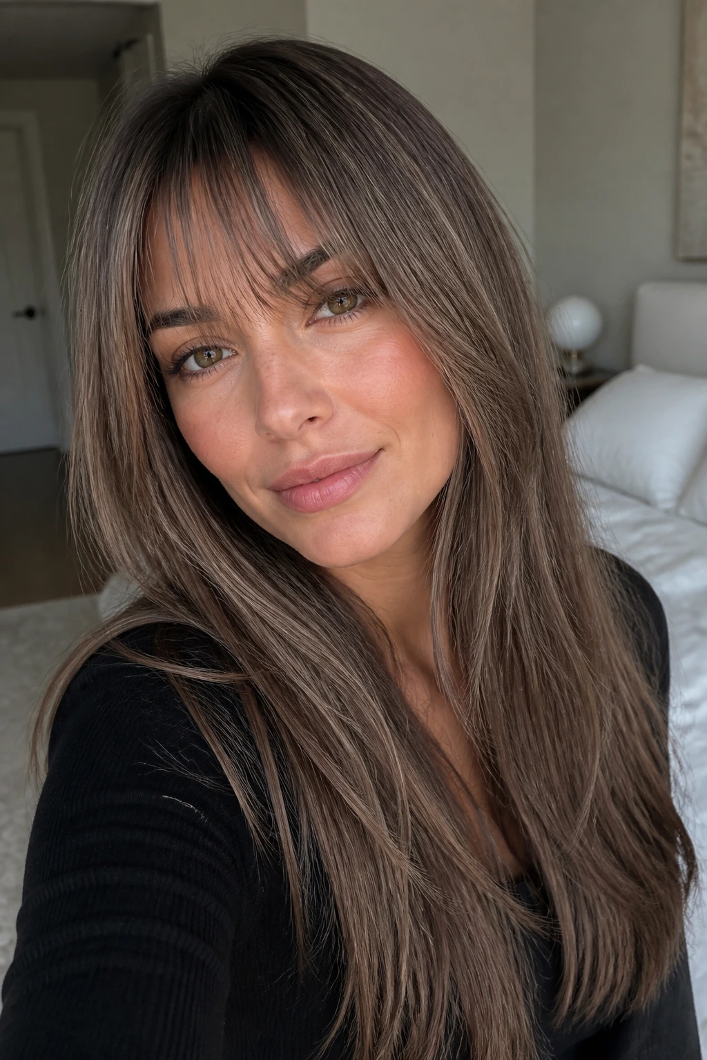 Close-up portrait of a real woman with cool mushroom brown babylights and wispy French bangs
