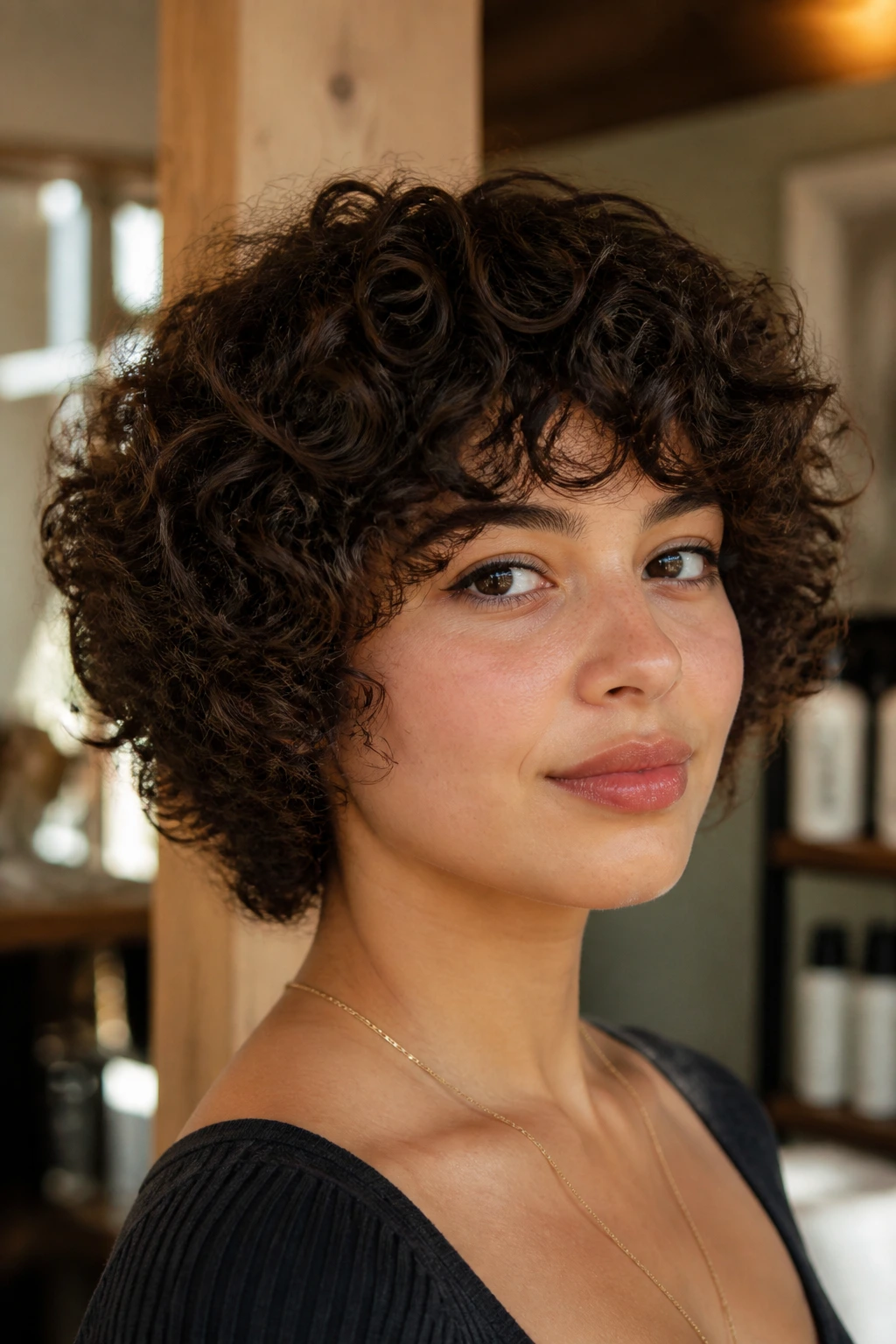 Close-up of a real woman with a rounded mushroom cut in warm indoor light