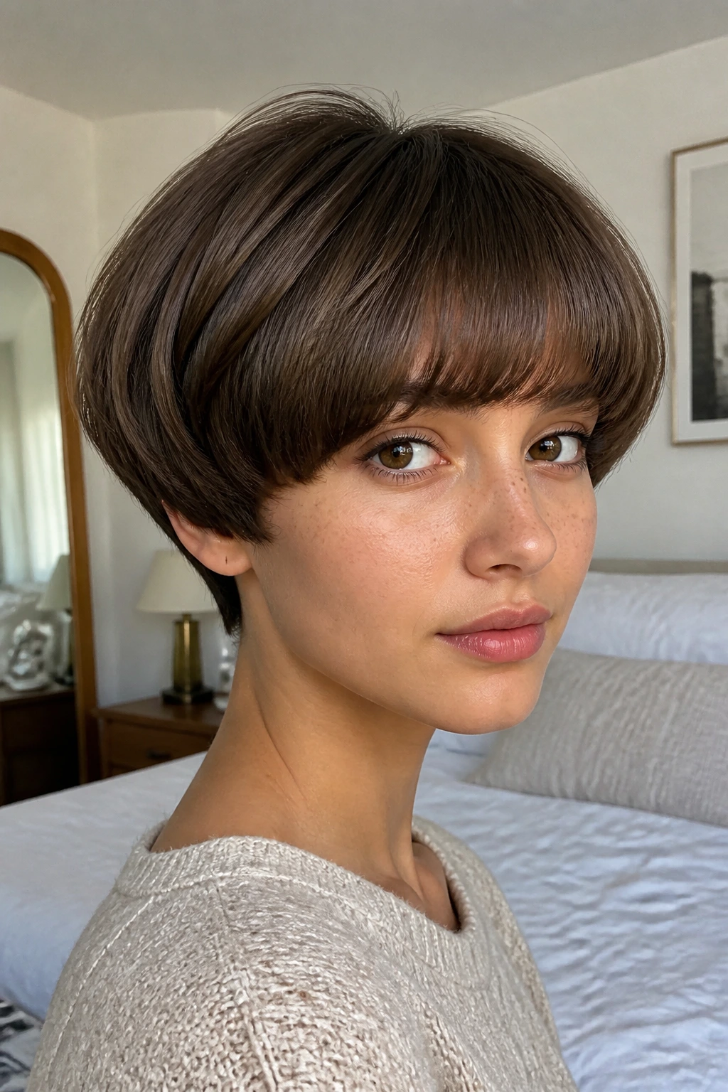 Real woman with rounded mushroom cut and soft edges in soft daylight