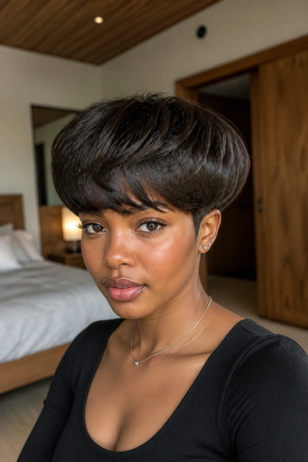 Close-up of a real person with a voluminous mushroom cut hair.