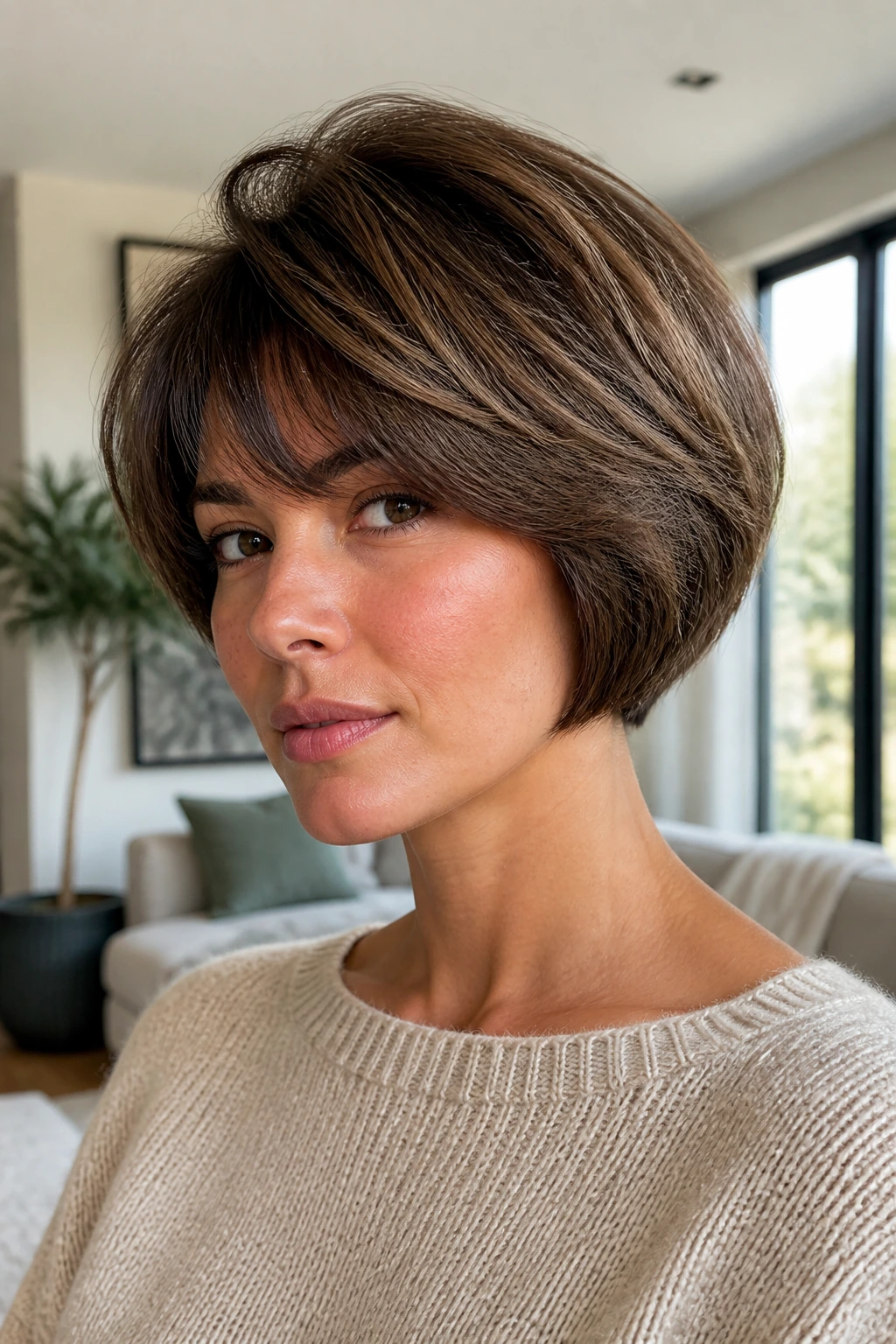 Real woman with mushroom layered bob and crown volume