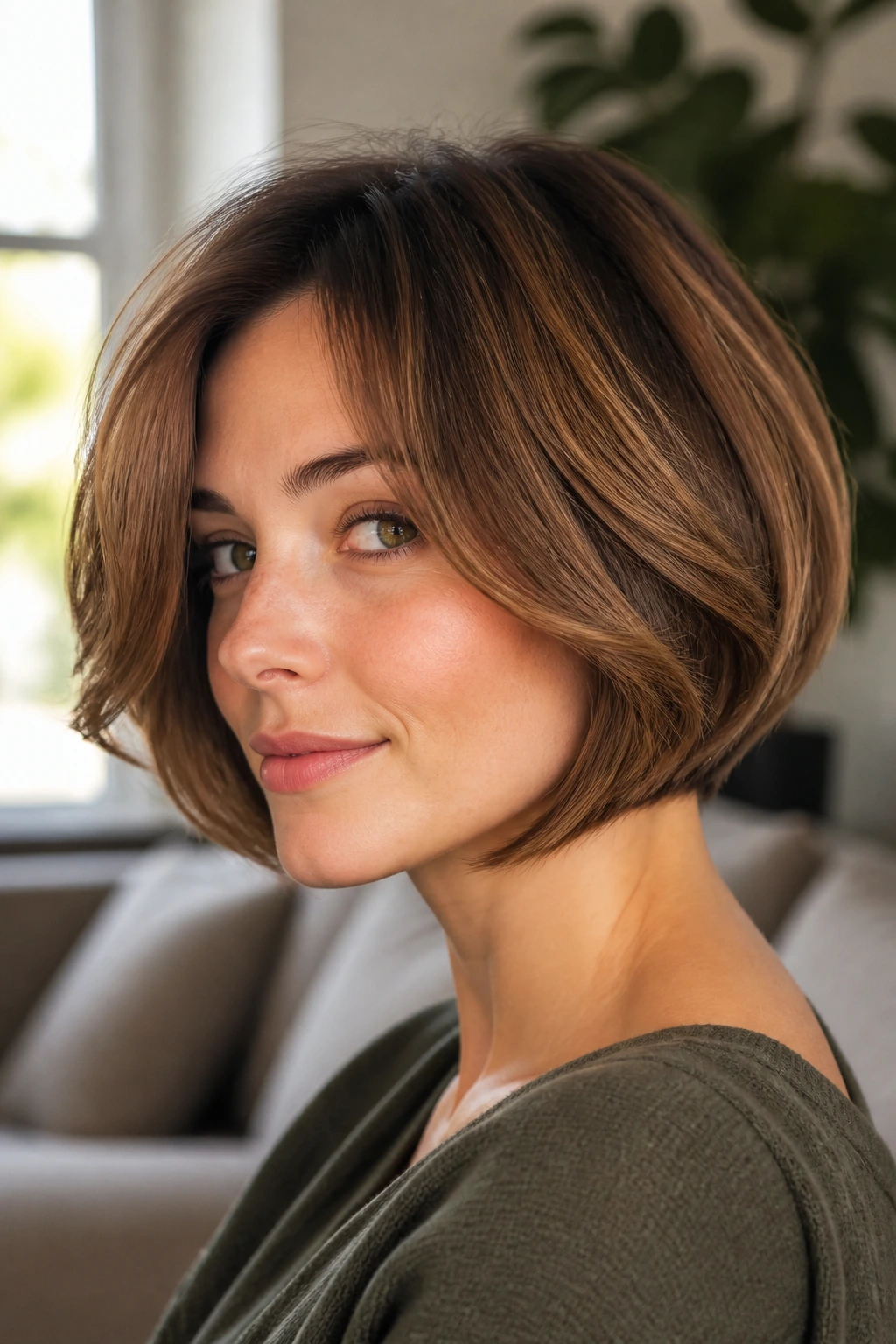 Close-up portrait of a real woman with a mushroom-shaped layered bob in warm natural light