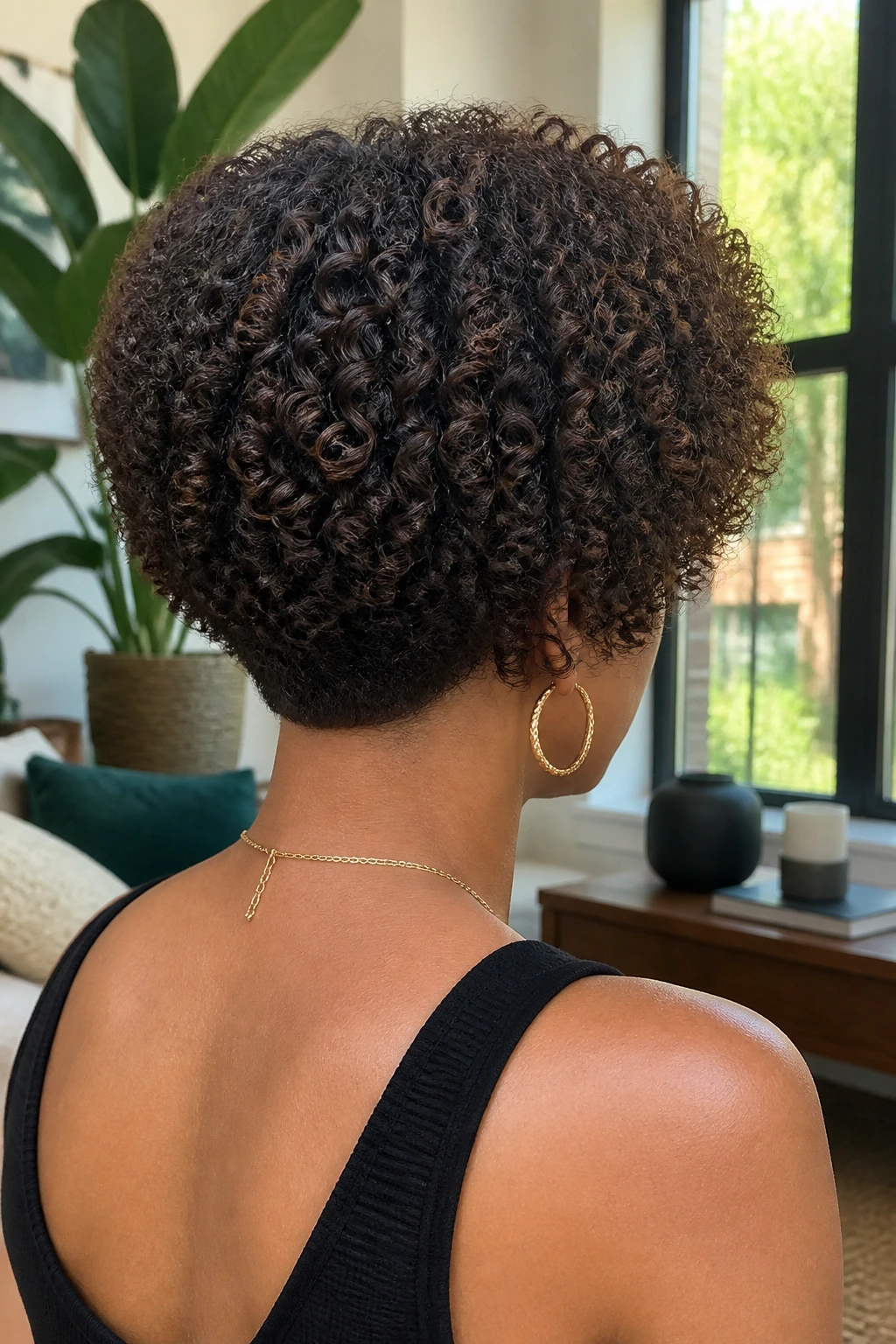 Back view of a real woman with a rounded mushroom stack hairstyle showing a dome-shaped crown.