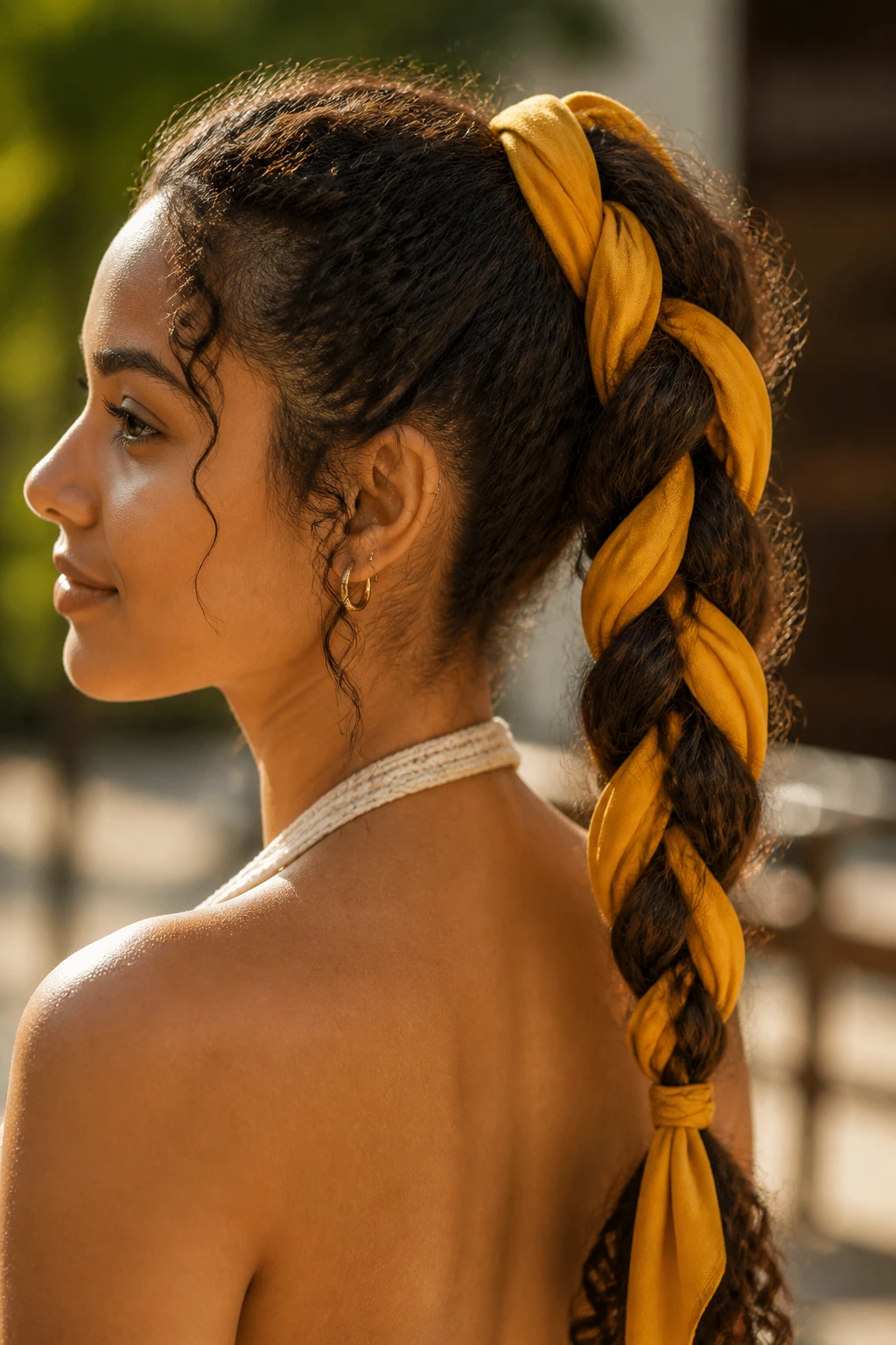 Close-up of a real woman wearing a mustard-yellow scarf braided into a ponytail in warm outdoor light.