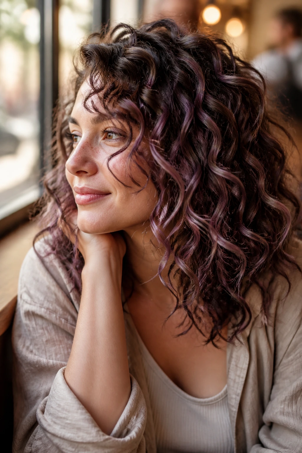 Close-up of real person with curly hair and mauve ribbon streaks