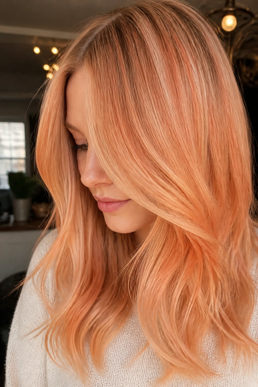 Close-up portrait of a real woman with a muted tangerine glaze over blonde hair