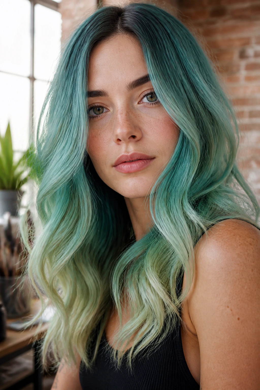Close-up of muted teal to soft seafoam hair melt on a real person against a brick-walled art studio background.