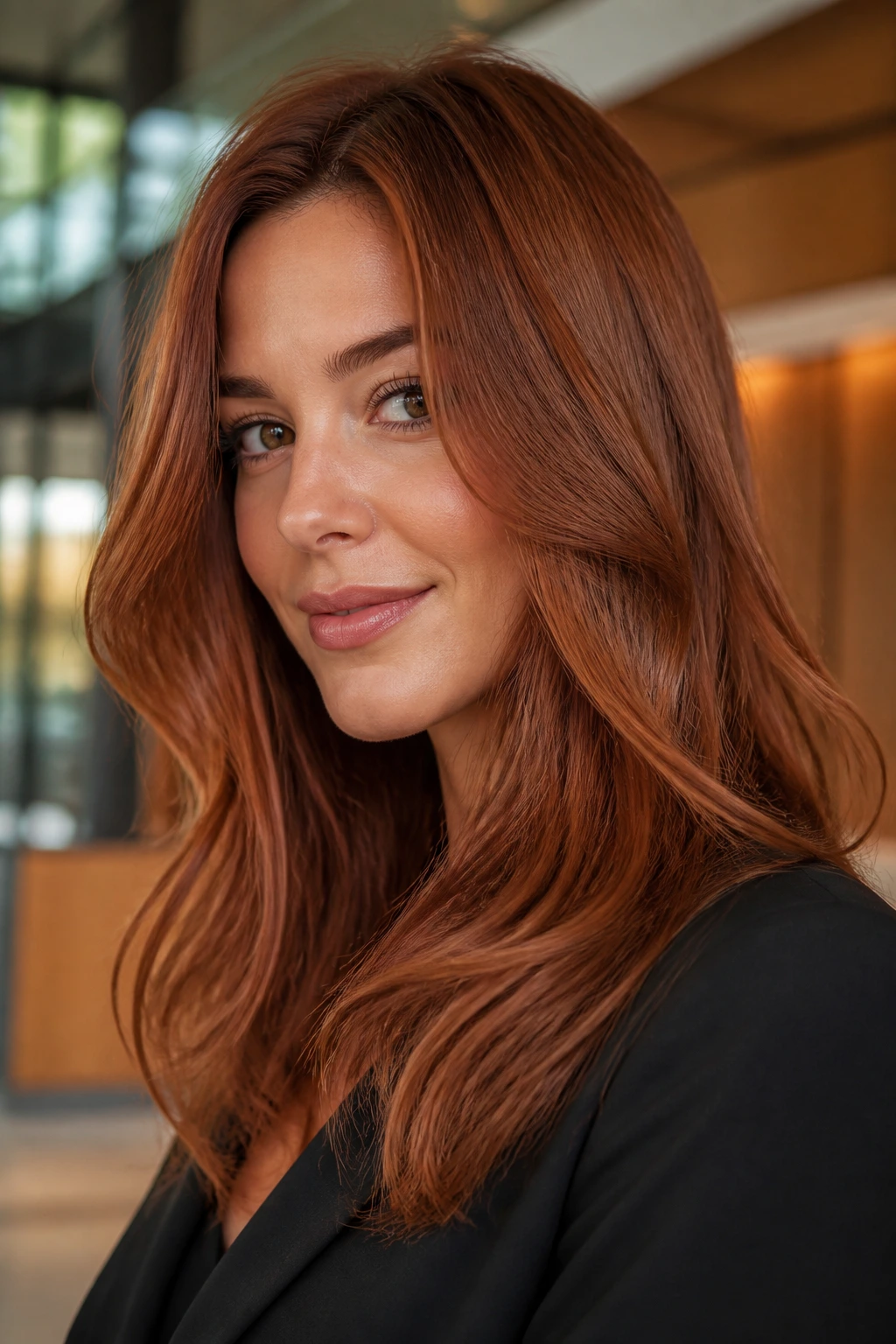 Close-up portrait of real woman with muted terracotta earth hair in office lobby