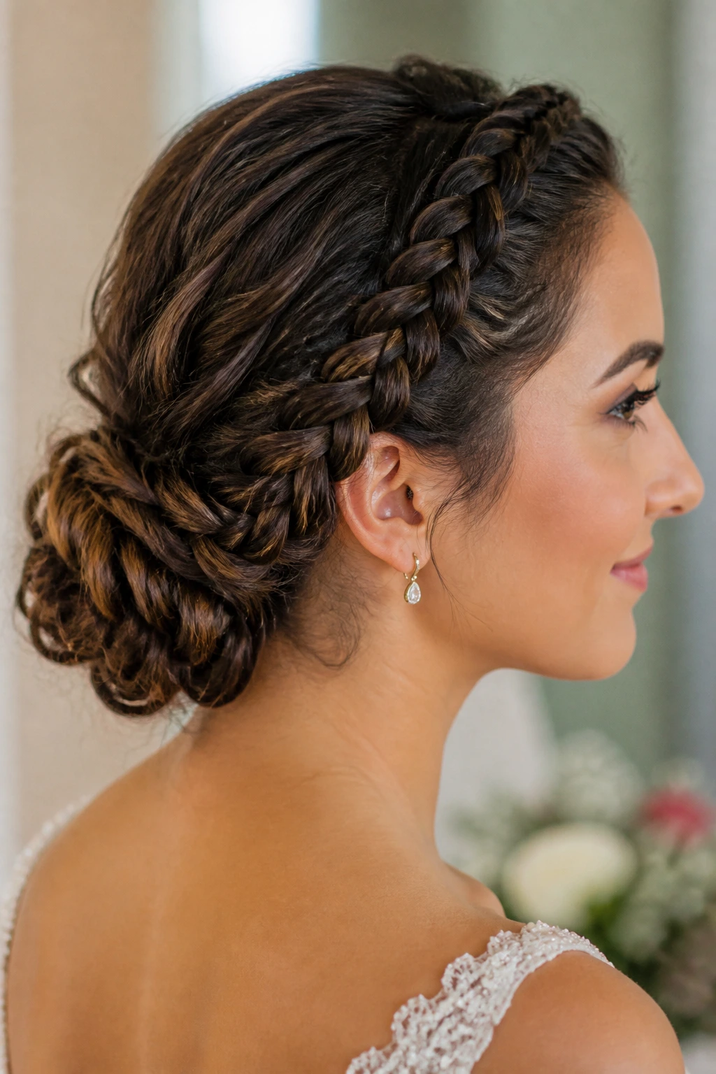 Real woman with a low braided updo at the nape