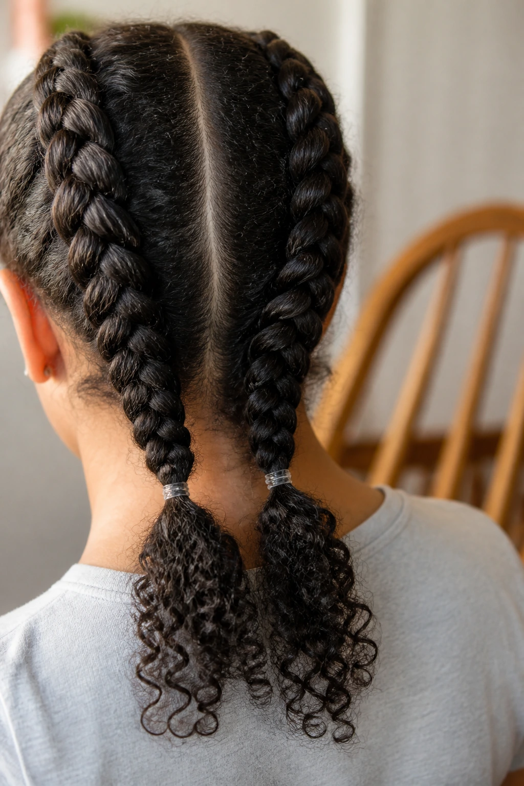 Back view of real person showing braids finishing at the nape with elastic ends