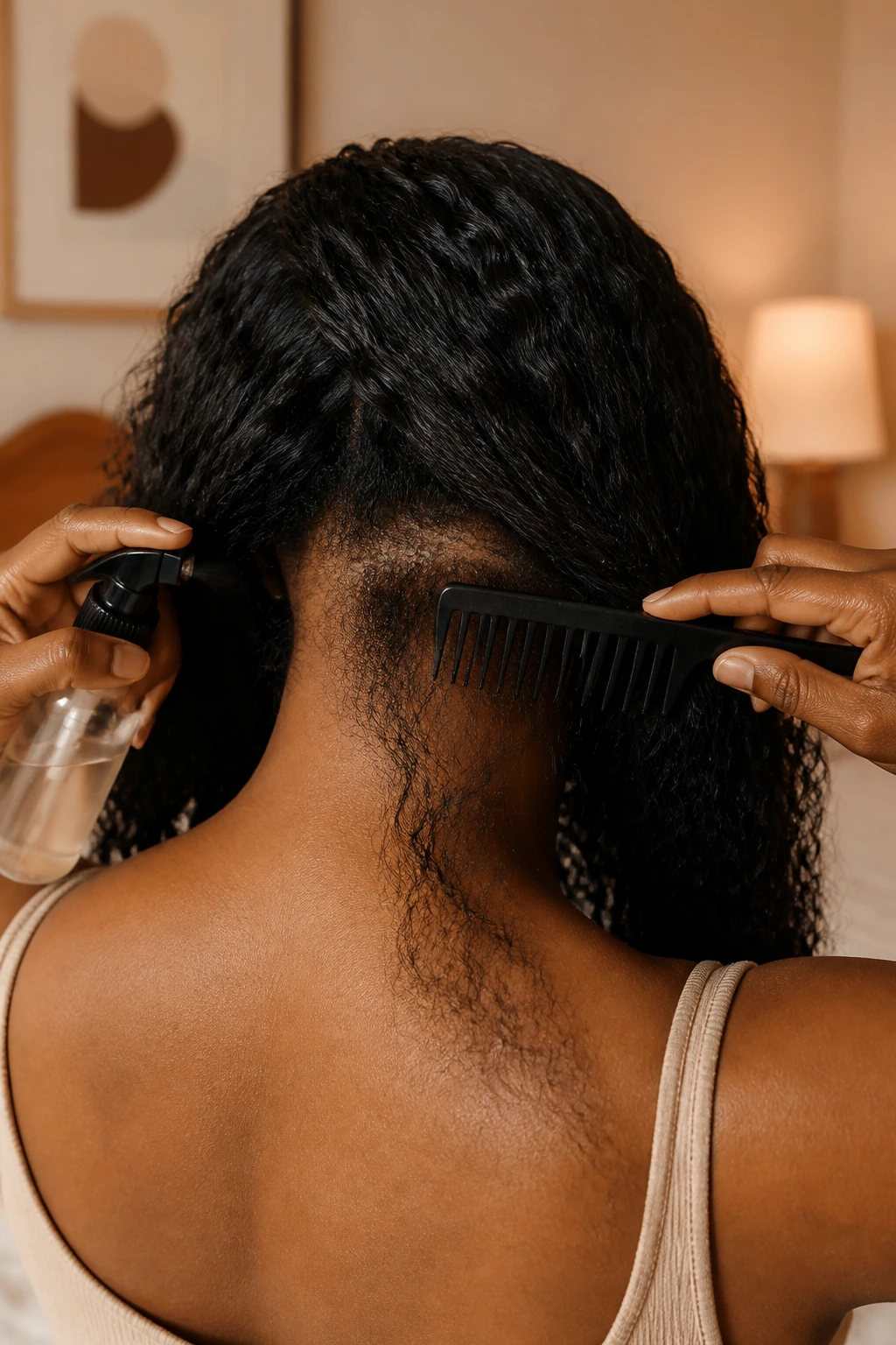 Back view of a real woman with long curls showing tangled nape being detangled