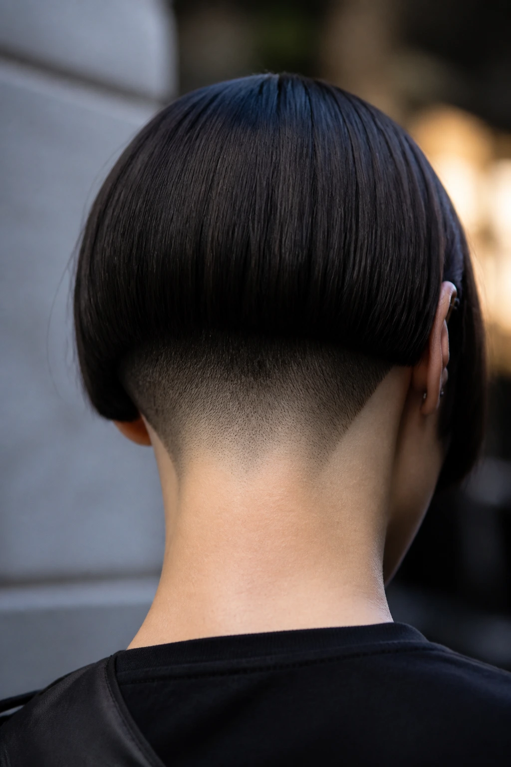 Back of head with two-tone nape fade on a real person in street setting.