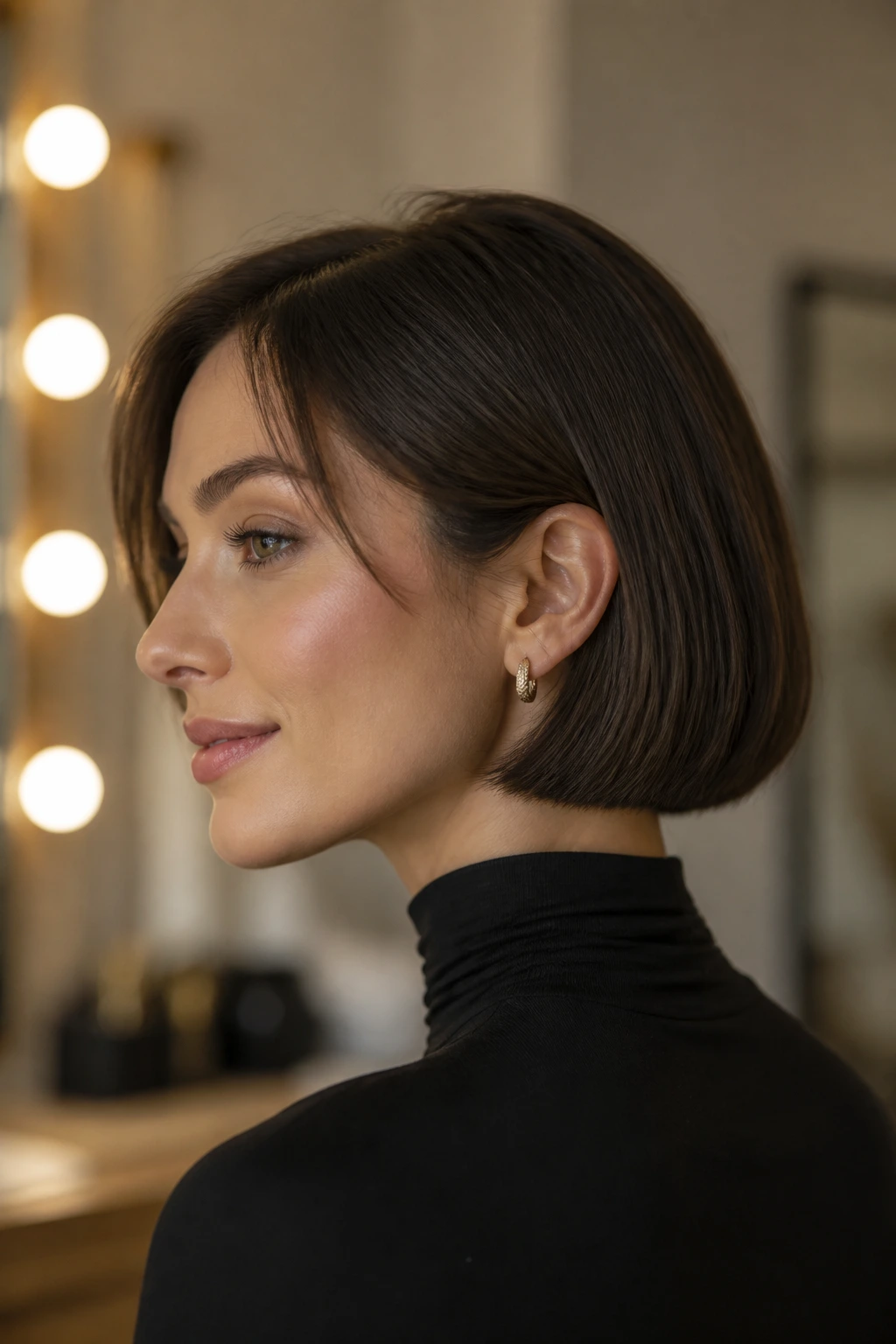 Close-up of a real person with a neck-hugging nape-grazing bob in a chic dressing room