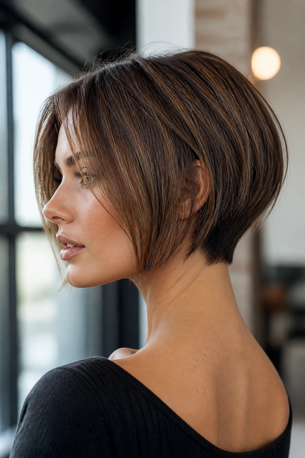 Close-up portrait of a real woman with ultra-short nape-grazing inverted bob, neck exposed