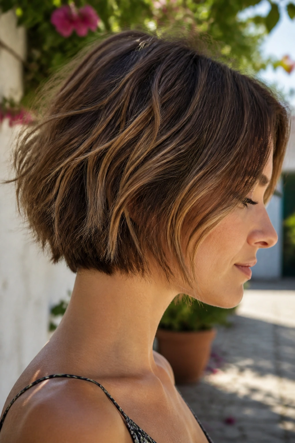 Side-profile of woman with textured nape-length bob in sunlit courtyard