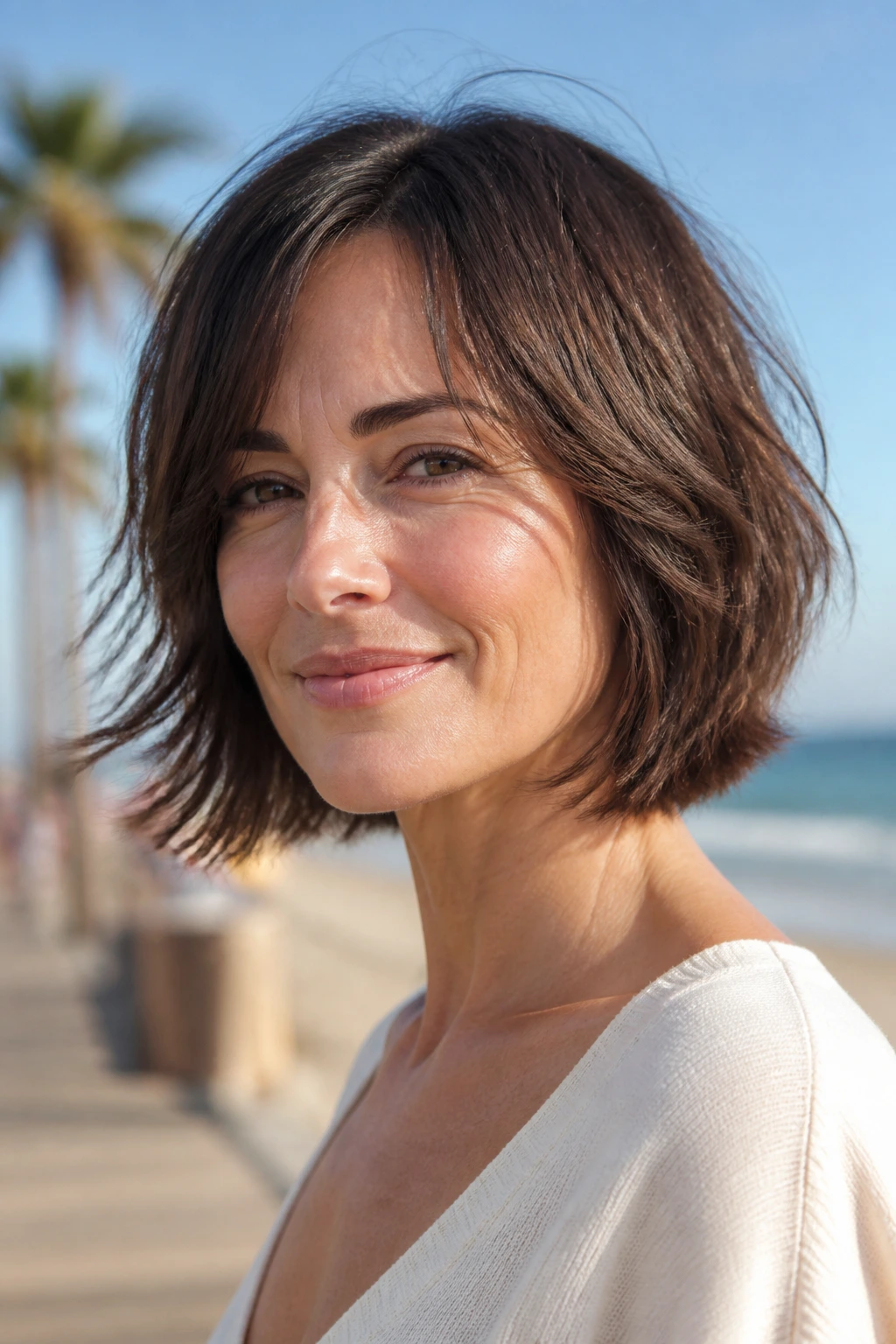 Close-up portrait of a woman with a softened nape-length feathered bob
