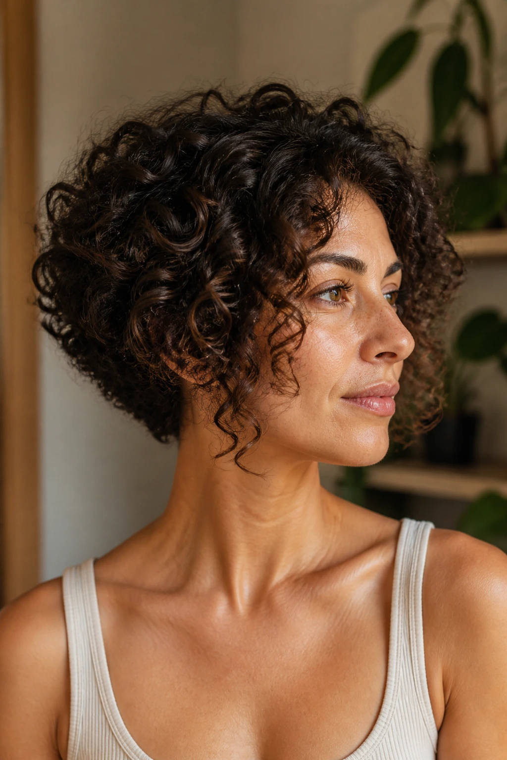 Close-up portrait of a real woman with a nape-length graduated curly cut